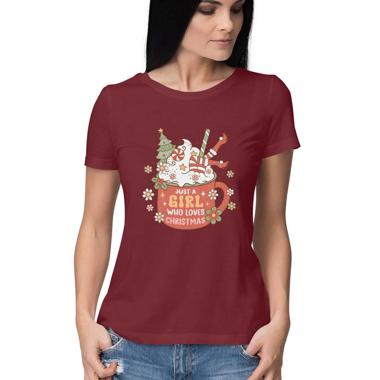 Women's Just A Girl Who loves Christmas Graphics Printed T-Shirt