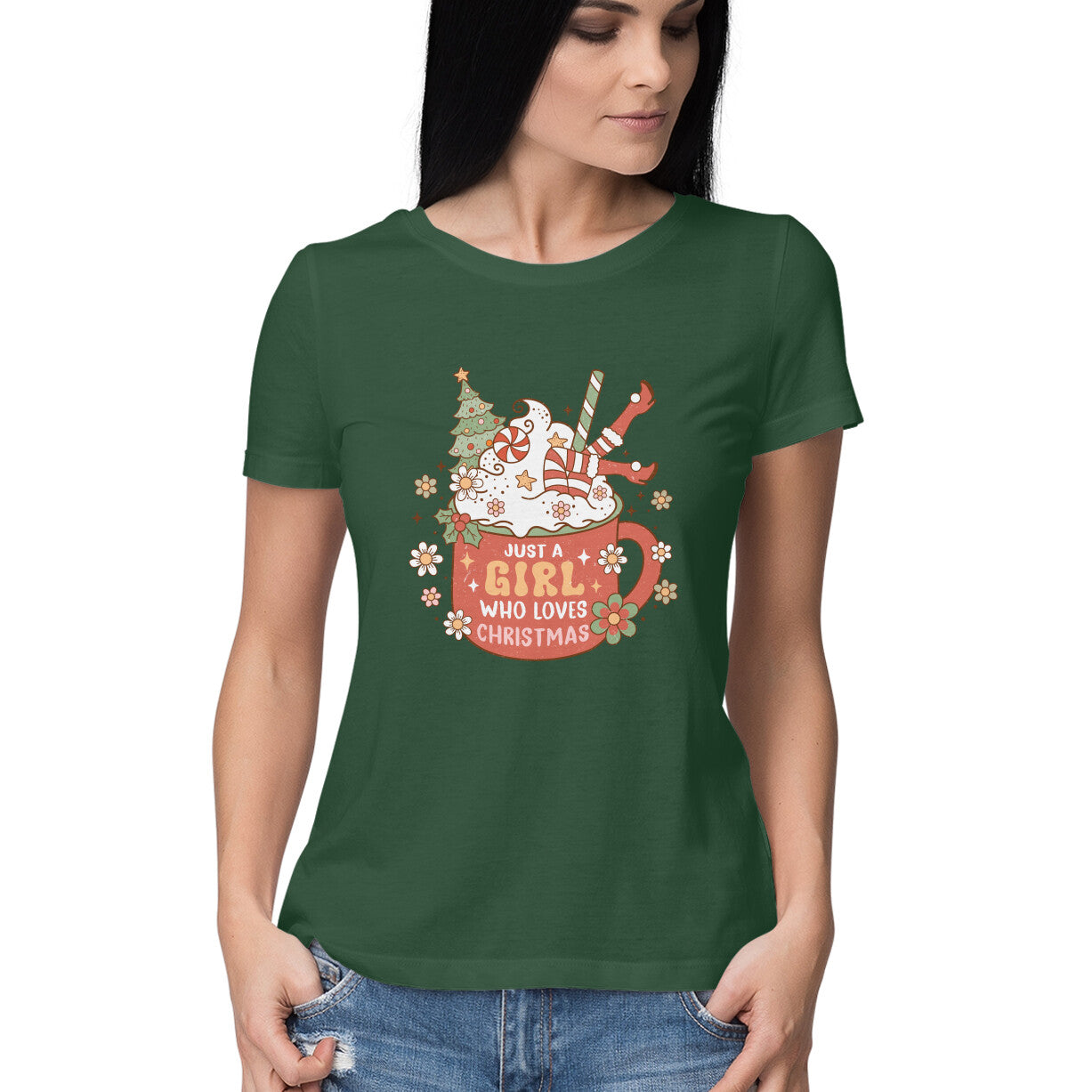 Women's Just A Girl Who loves Christmas Graphics Printed T-Shirt