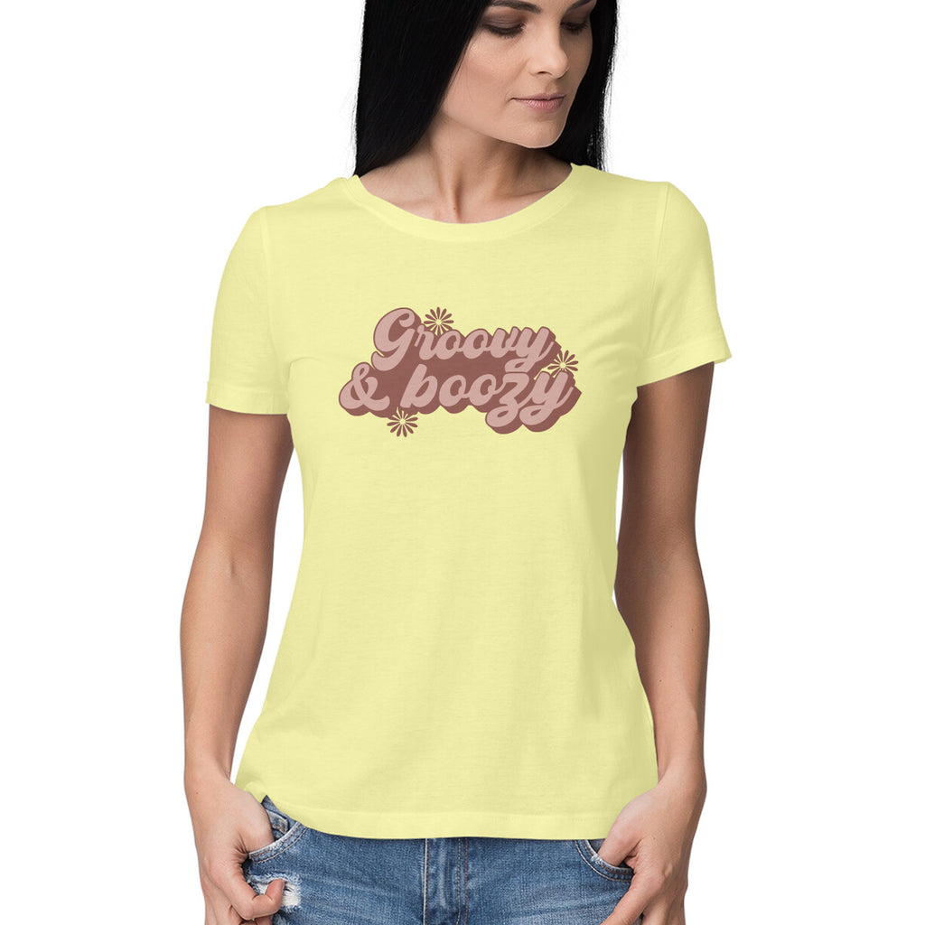 Women's Groovy And Boozy Design Printed T-Shirt