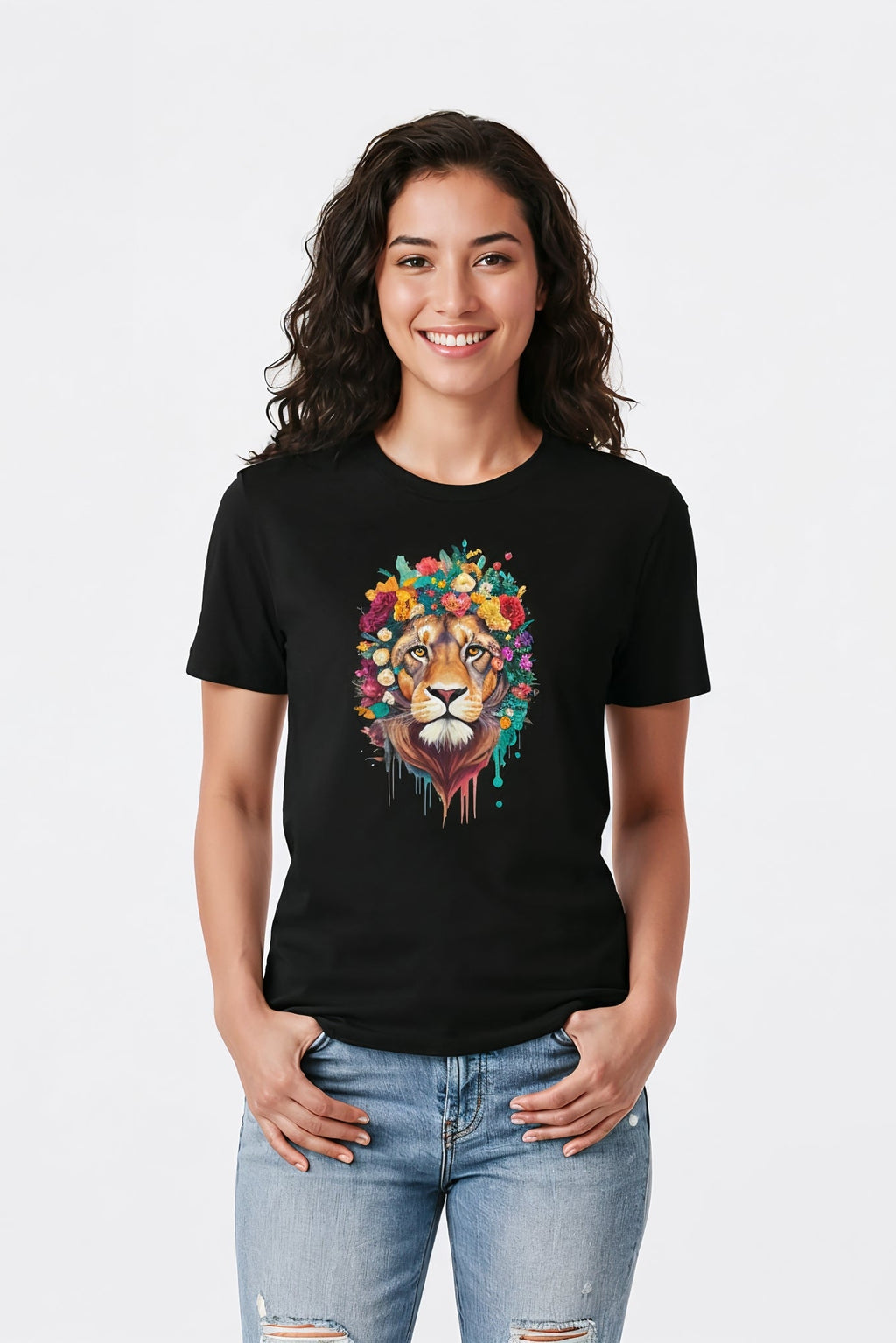 Women's Floral Lion Graphics Printed T-Shirt