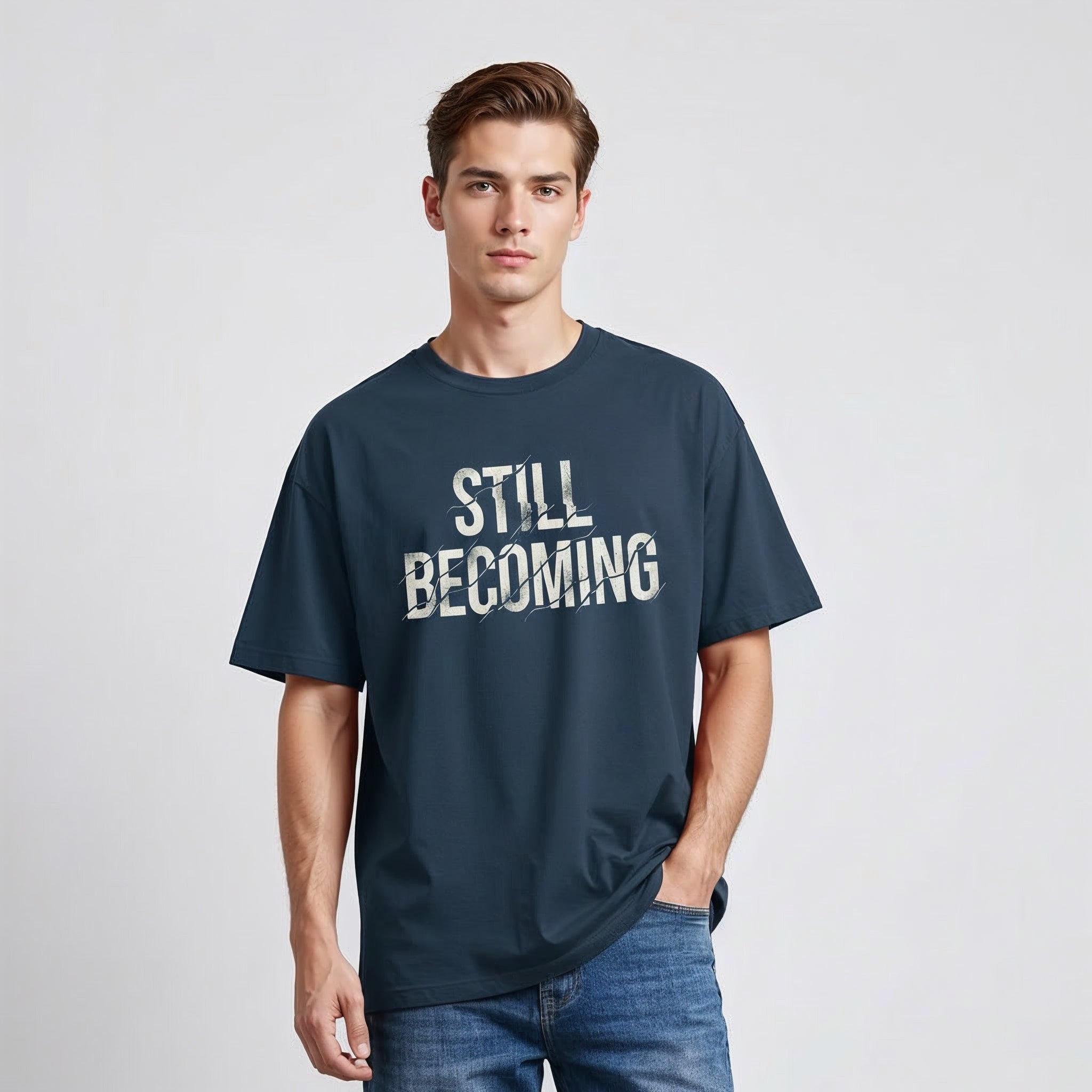 Men's Premium  Oversize T-Shirt STILL BECOMING Quote Print