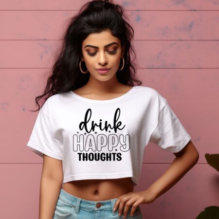 Women's Drink Happy Thoughts Graphics Printed Crop Tops