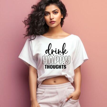Women's Drink Happy Thoughts Graphics Printed Oversized T-Shirt
