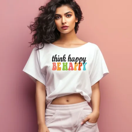Women's Think Happy Behappy Quote Printed Oversized T-Shirt