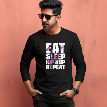 Men's Eat Sleep Hip Hop Respect Quote Printed Full Sleeve T Shirt