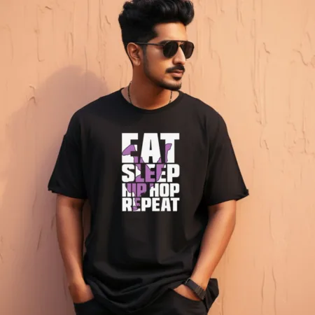 Men's Eat Sleep Hip Hop Respect Design Printed Oversized T-Shirt