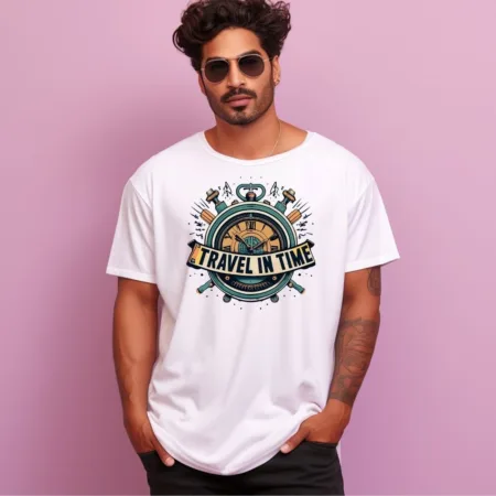 Men's Travel in Time Design Printed Oversized T-Shirt