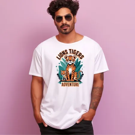 Men's Lions Tigers Adventure Design Printed Oversized T-Shirt