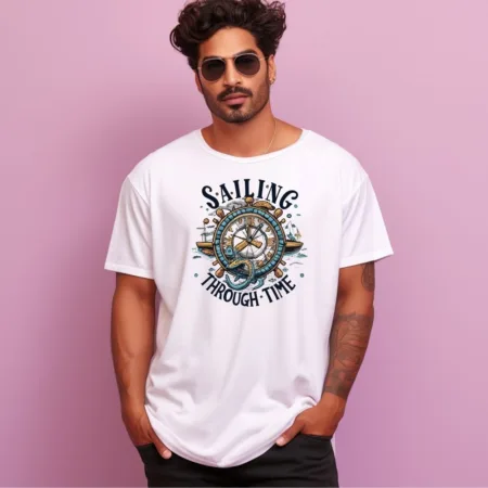 Men's Sailing Through Time Design Printed Oversized T-Shirt