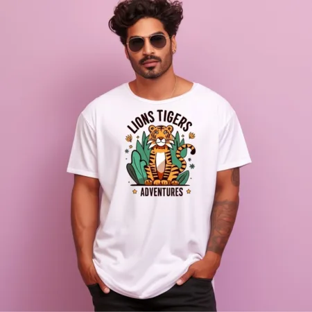 Men's Lions Tigers Adventure Design Printed Oversized T-Shirt