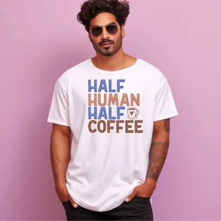 Men's Half Human Half Coffee Design Printed Oversized T-Shirt