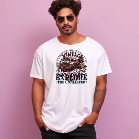Men's Vintage Explore The Uncharted Design Printed Oversized T-Shirt