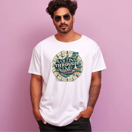 Men's Sailing Through Time Design Printed Oversized T-Shirt