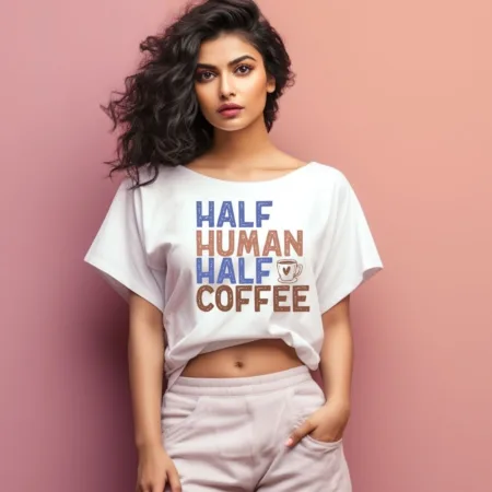 Women's Half Human Half Coffee Graphics Printed Oversized T-Shirt