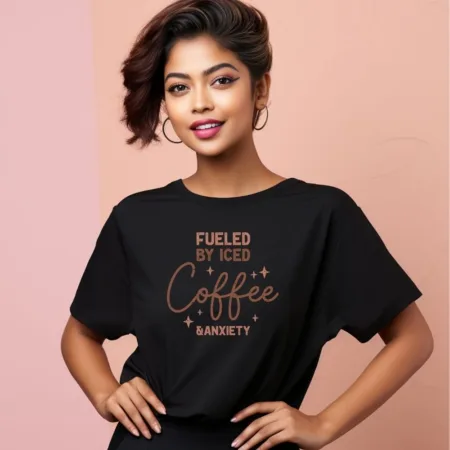 Women's Fueled By Iced Coffee & Anxiety Graphics Printed Oversized T-Shirt