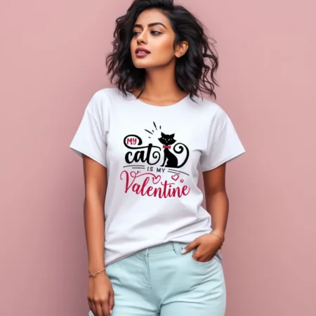 Women's My Cat Is My Valentine Graphics Printed T-Shirt