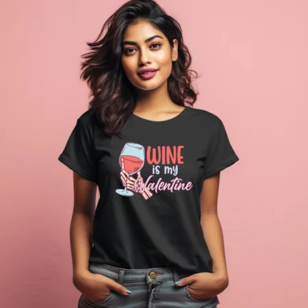 Women's Wine Is My Valentine Graphics Printed T-Shirt