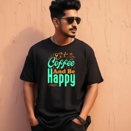 Men's Coffee And Be Happy Design Printed Oversized T-Shirt