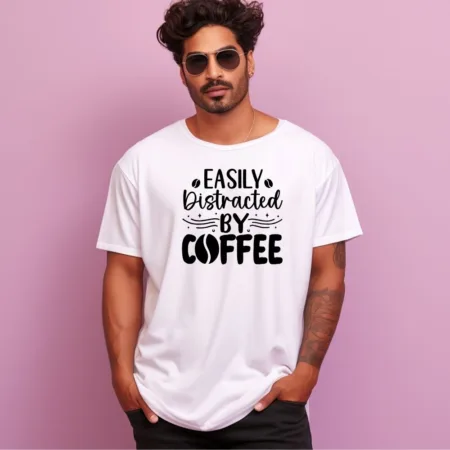 Men's Easily Distracted By Coffee Design Printed Oversized T-Shirt
