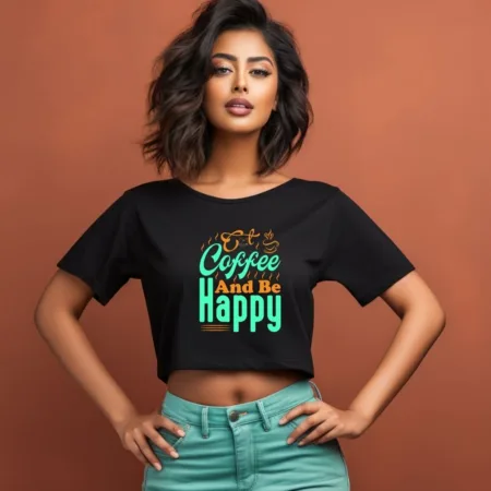 Women's Coffee And Be Happy Graphics Printed Crop Tops