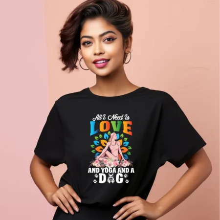 Women's All I Need Is Love And Yoga And A Dog Graphics Printed Oversized T-Shirt