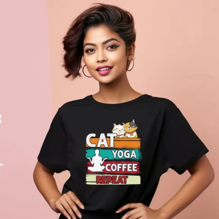 Women's Cat Yoga Coffee Repeat Graphics Printed Oversized T-Shirt