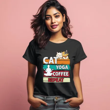 Women's Cat Yoga Coffee Repeat Graphics Printed T-Shirt