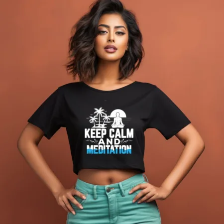Women's Keep Clam And Meditation Graphics Printed Crop Tops