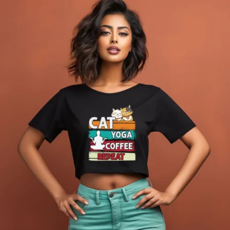Women's Cat Yoga Coffee Repeat Graphics Printed Crop Tops