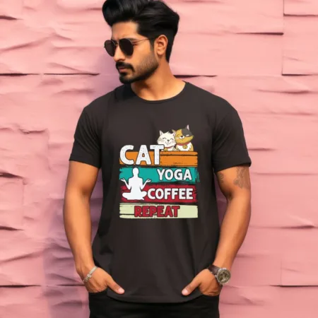 Men's Cat Yoga Coffee Repeat Graphics Printed T-Shirt