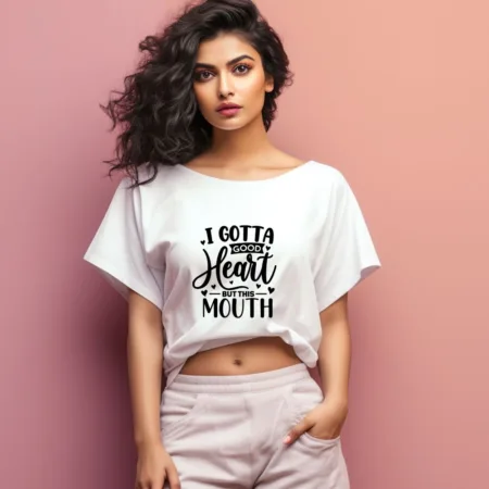 Women's I Gotta Good Heart But This Mouth Graphics Printed Oversized T-Shirt